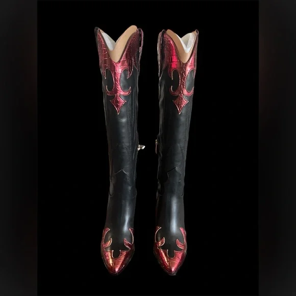 Size 5 M - Jessica Simpson Women's Rhetta Flame Knee High‎ Cowboy Boots Black - Picture 3 of 8